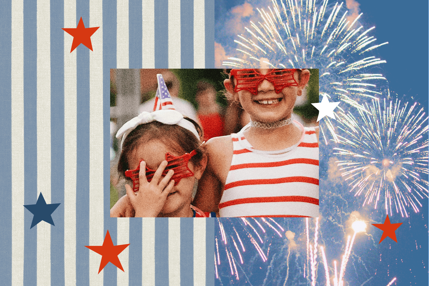 A photo of two children in red, white, and blue clothing and 4th of July accessories sits atop a half-blue-and-white-striped backdrop, and on the other side, a photo of fireworks soaring through the evening sky with red, white, and blue star props overtop the entire image.