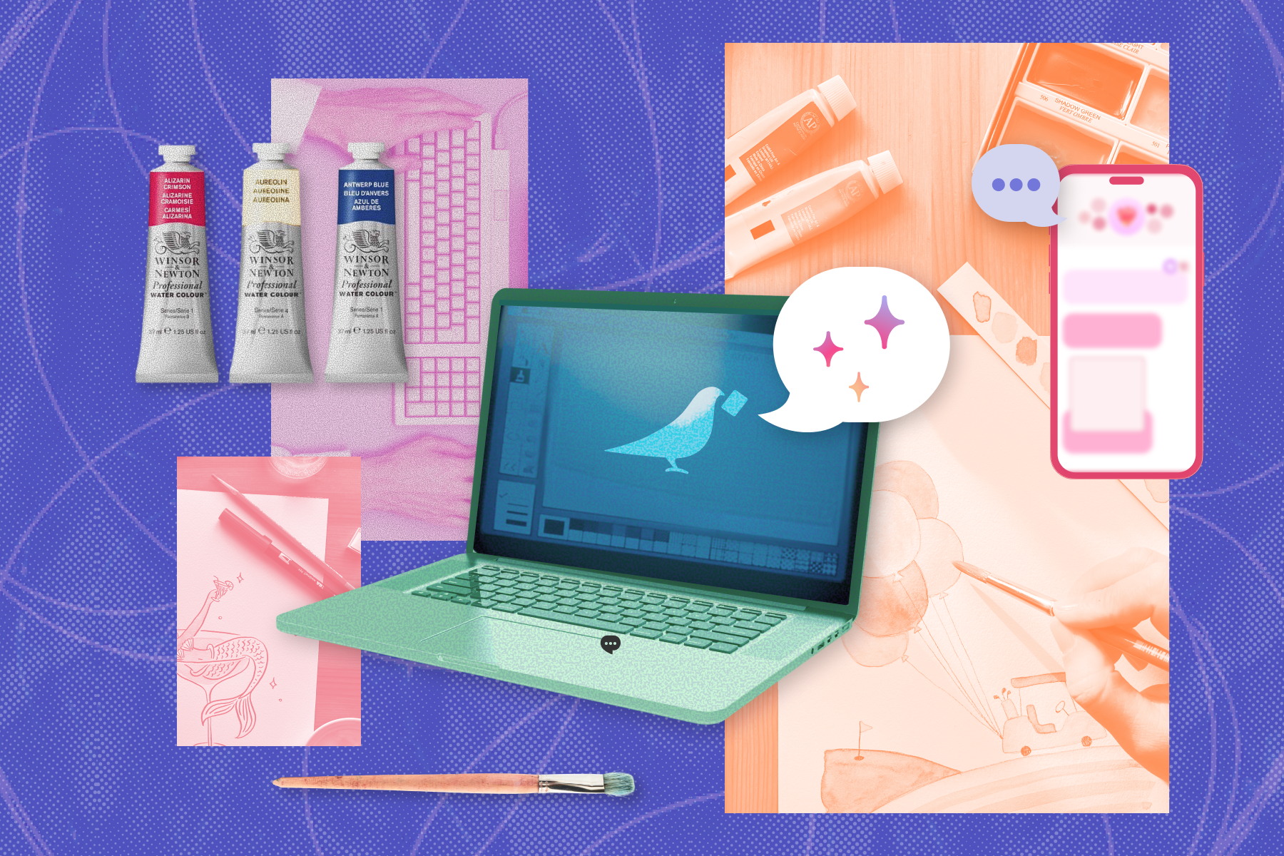 Various images sit collage-style over a purple background with curved line motifs: Red, cream, and blue watercolor paint tubes, a paintbrush, a laptop with the Paperless Post logo, a red-tinted image of pens sitting atop an illustration, a pink-tinted image of two hands on either side of a computer keyboard, a smartphone, an orange-tinted image of a hand painting an illustration of balloons, and two chat bubbles.
