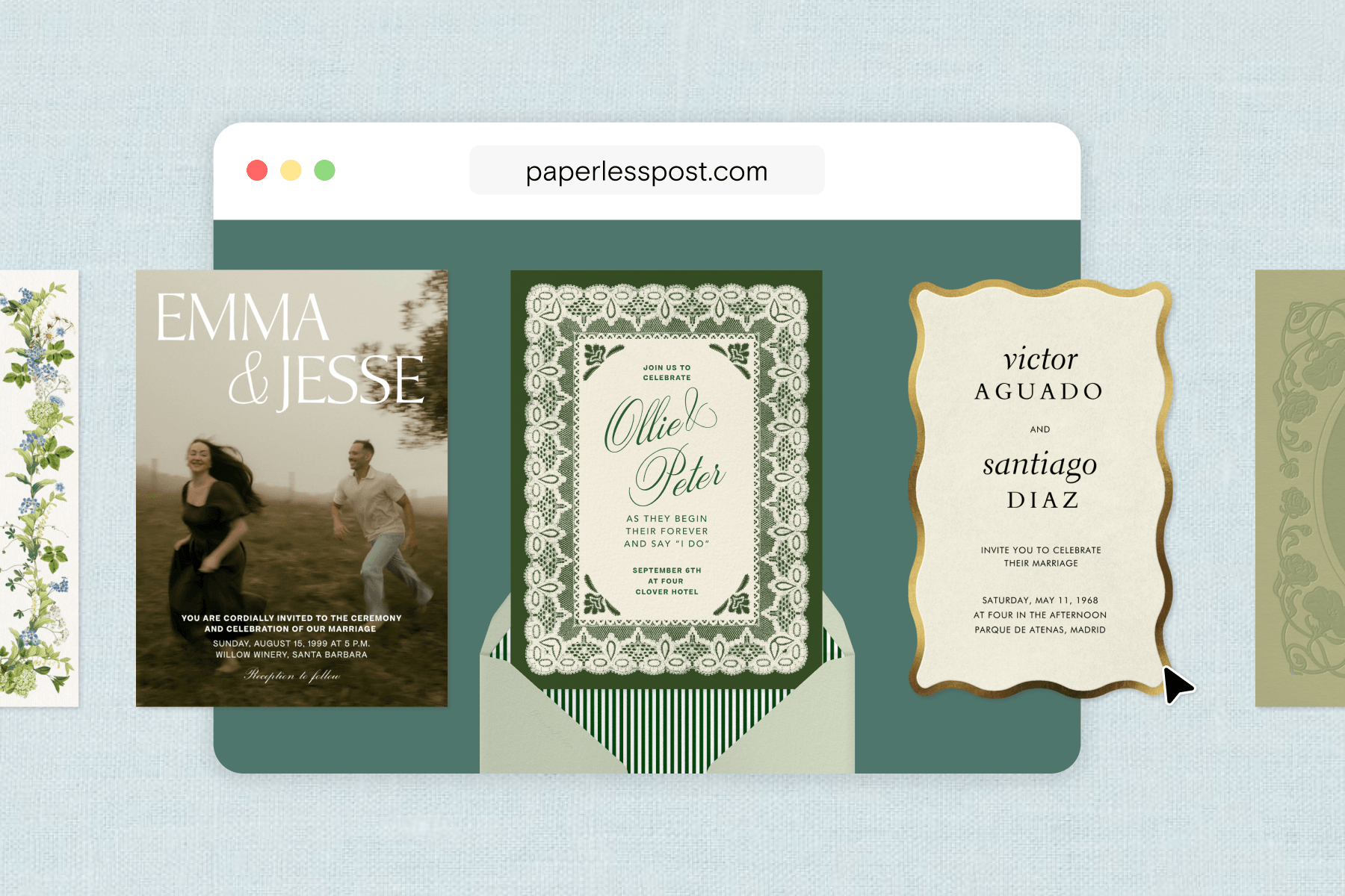 On a mint green backdrop is a dark green Paperless Post webpage with a green envelope with striped green lining. On top of the page is an assortment of wedding invitations in different colors and styles. 