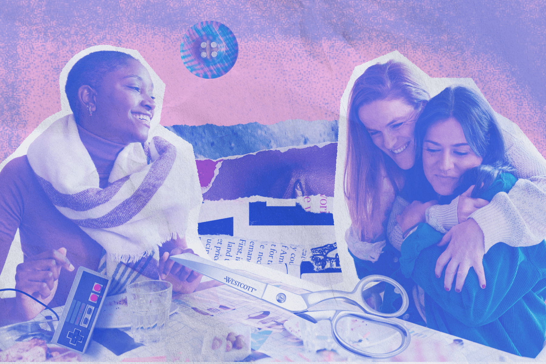 A collage-style photograph with a purple filter, showing three women—two of them hugging each other—sitting at a table covered in newspaper, with overlays of silver scissors, an old video game controller, a button, and magazine clippings.