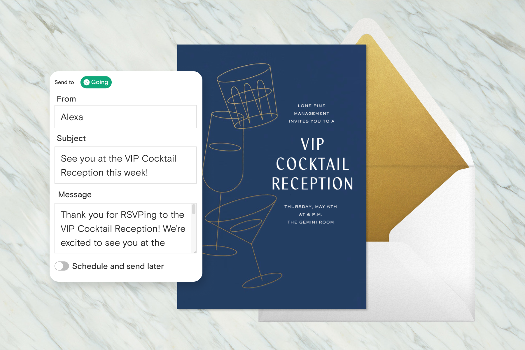 A VIP cocktail reception invitation with a navy background and gold cocktail illustrations paired with a white envelope, gold envelope liner, gray and white marble background, and a guest reminder message popup box.