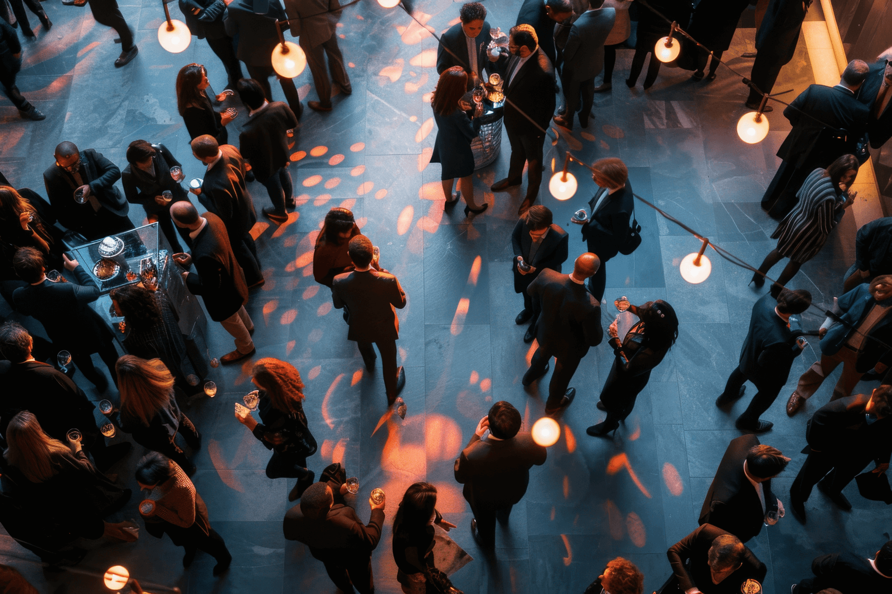 An overhead view of a group of business people in a room at an event. String lights hang above, and light streaks appear on the floor.