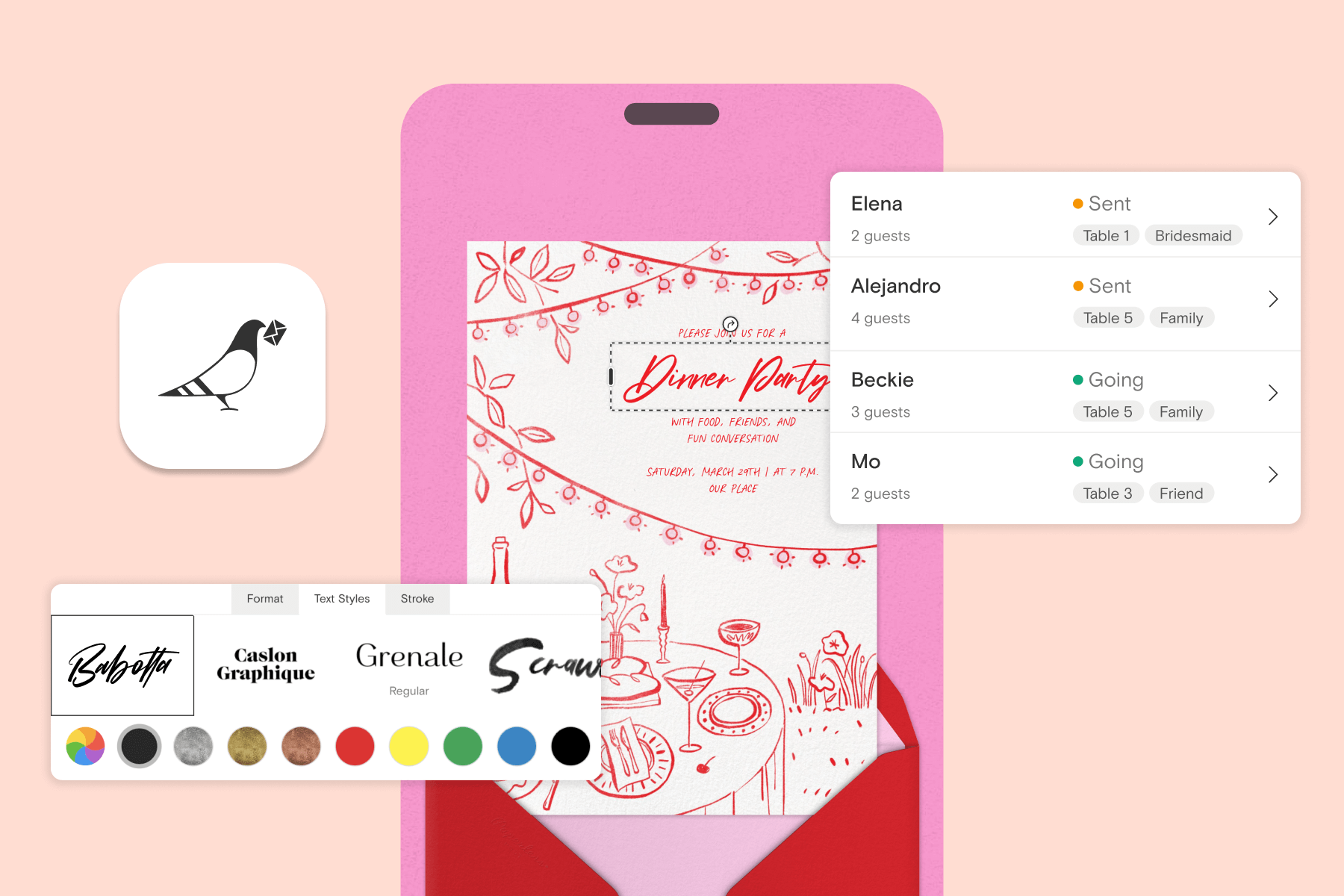 A screenshot of a digital party invitation in the Paperless Post app showing editing and RSVP features.