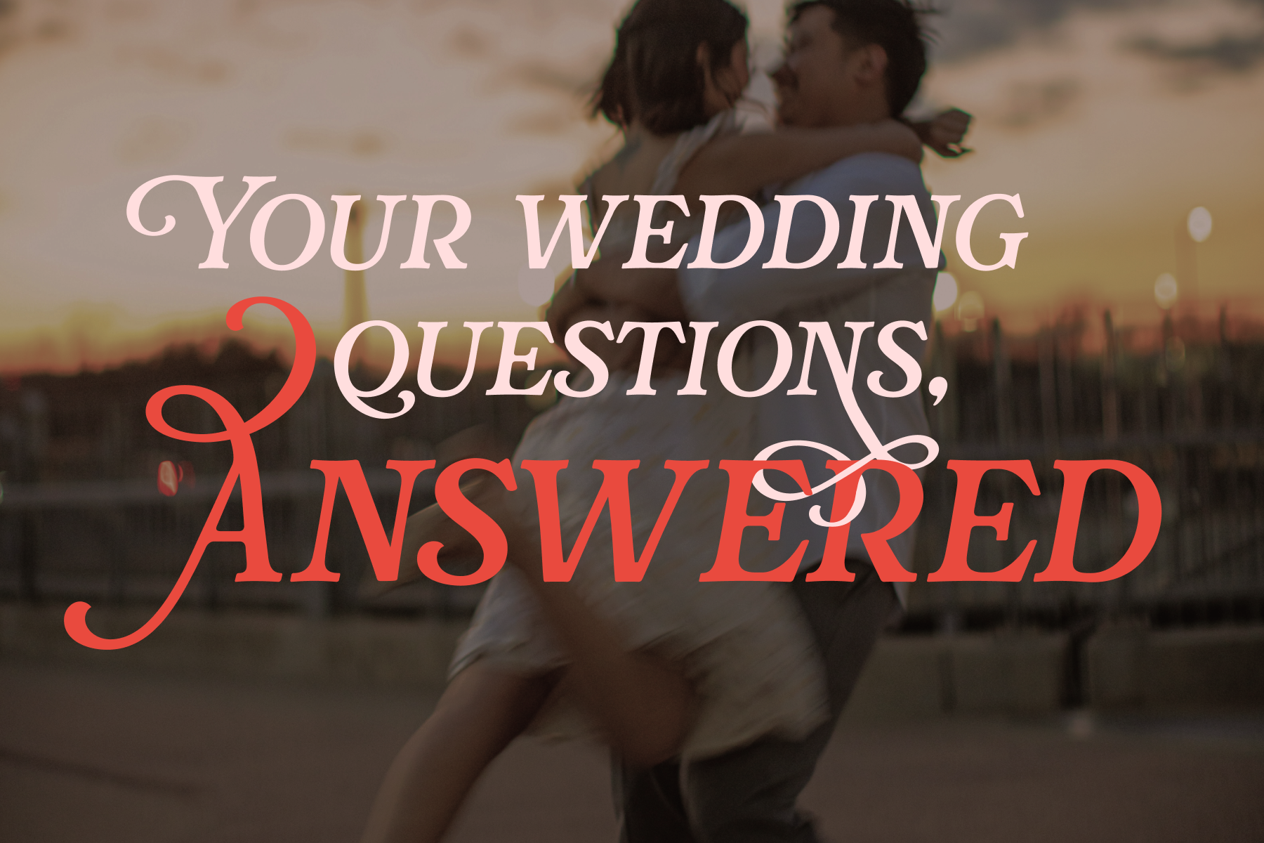 A blurry photograph of a couple embracing on a beach in front of a sunset, with large text reading ‘YOUR WEDDING QUESTIONS, ANSWERED’.