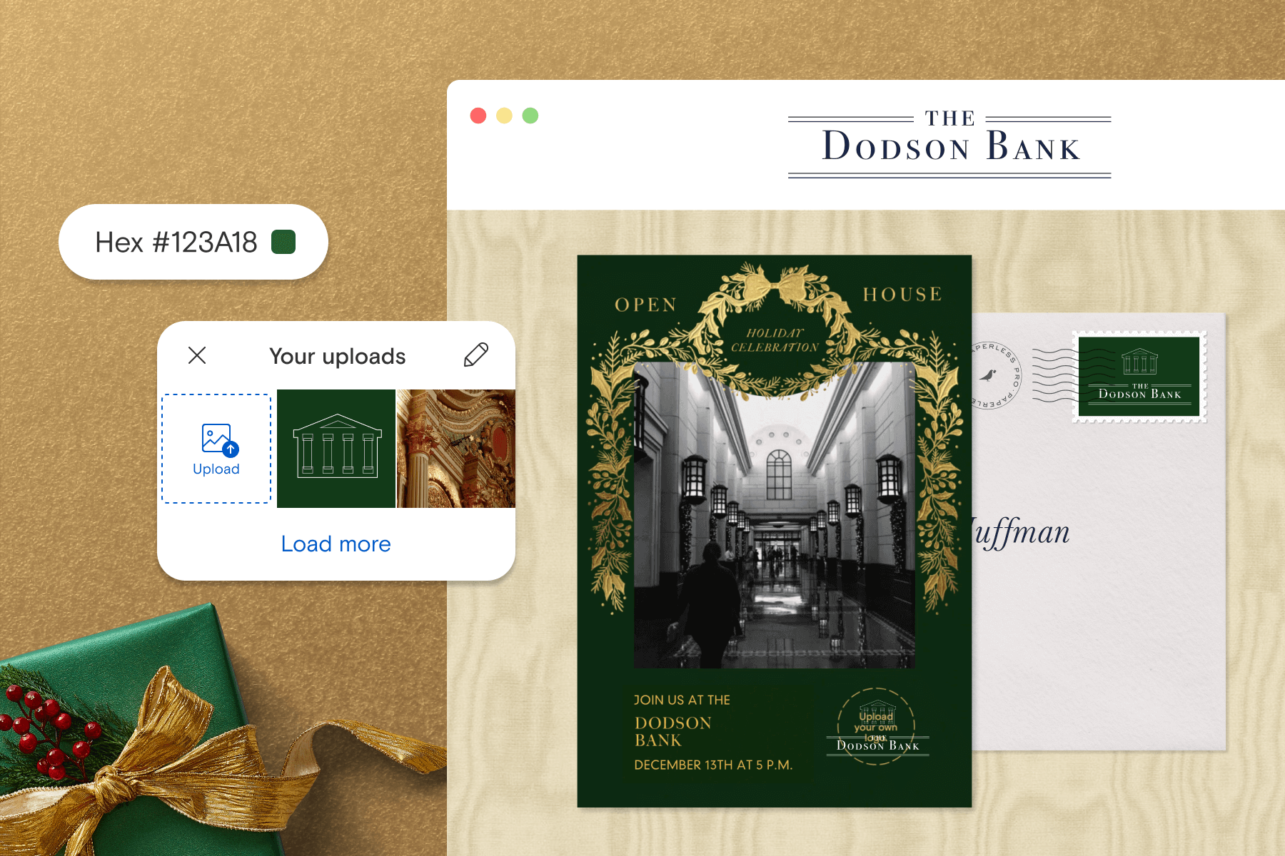 A gold sparkly backdrop with a wrapped gift in green, showing a webpage with an invitation to a bank’s holiday celebration in gold and green on top of a gray envelope, with a digital tools box showing how to upload your own photo and hex code.