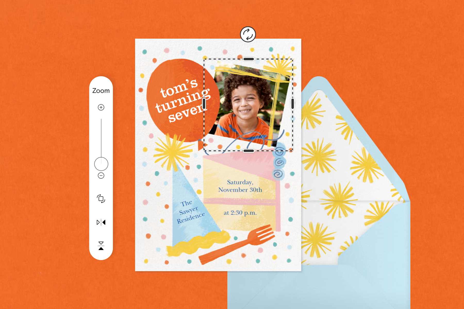 An invitation that reads ‘tom’s turning seven’ with a photo of a child and illustrations of a cake and birthday hat, with customized features such as a slider zoom, on top of a blue eyeliner with golden starbursts and an orange backdrop.
