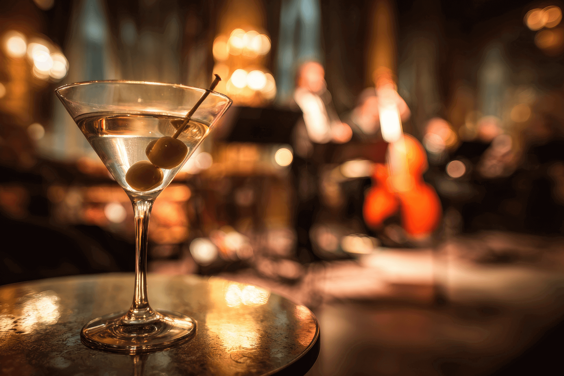 A martini with olives sitting on a table in a low-lit bar.