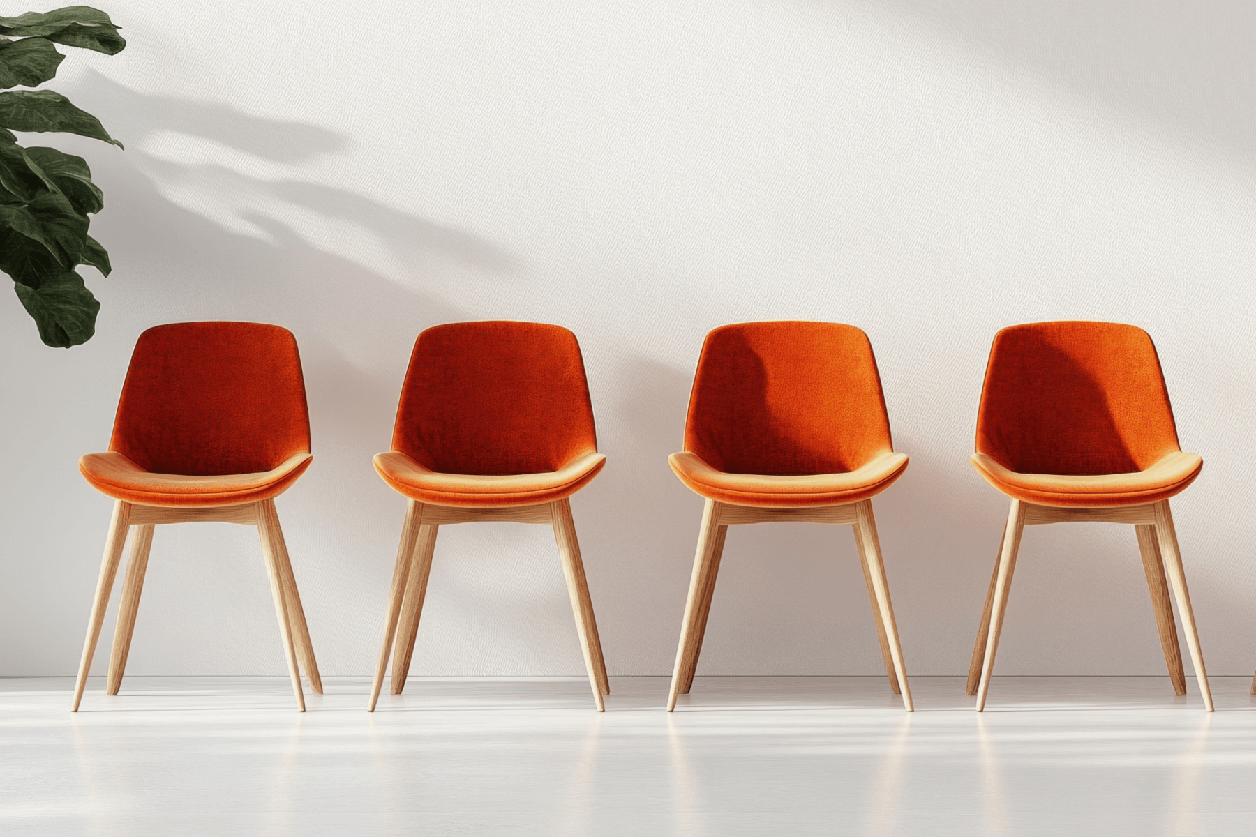 A group of four modern, orange chairs lined up against a wall with a fiddle leaf fig tree.
