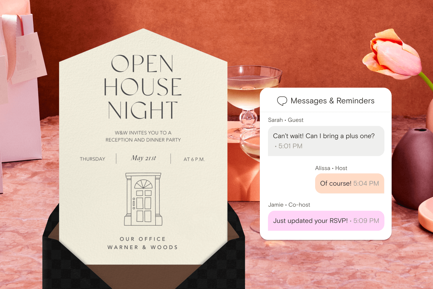 A cream, minimalist invitation to an open house night sits on a black envelope to the left of a digital tools box showing messages between two co-hosts and a guest, all on a photo background showing a pink marble table with cocktail glasses, a pink tulip, a gift bag, and an amber textured wall.