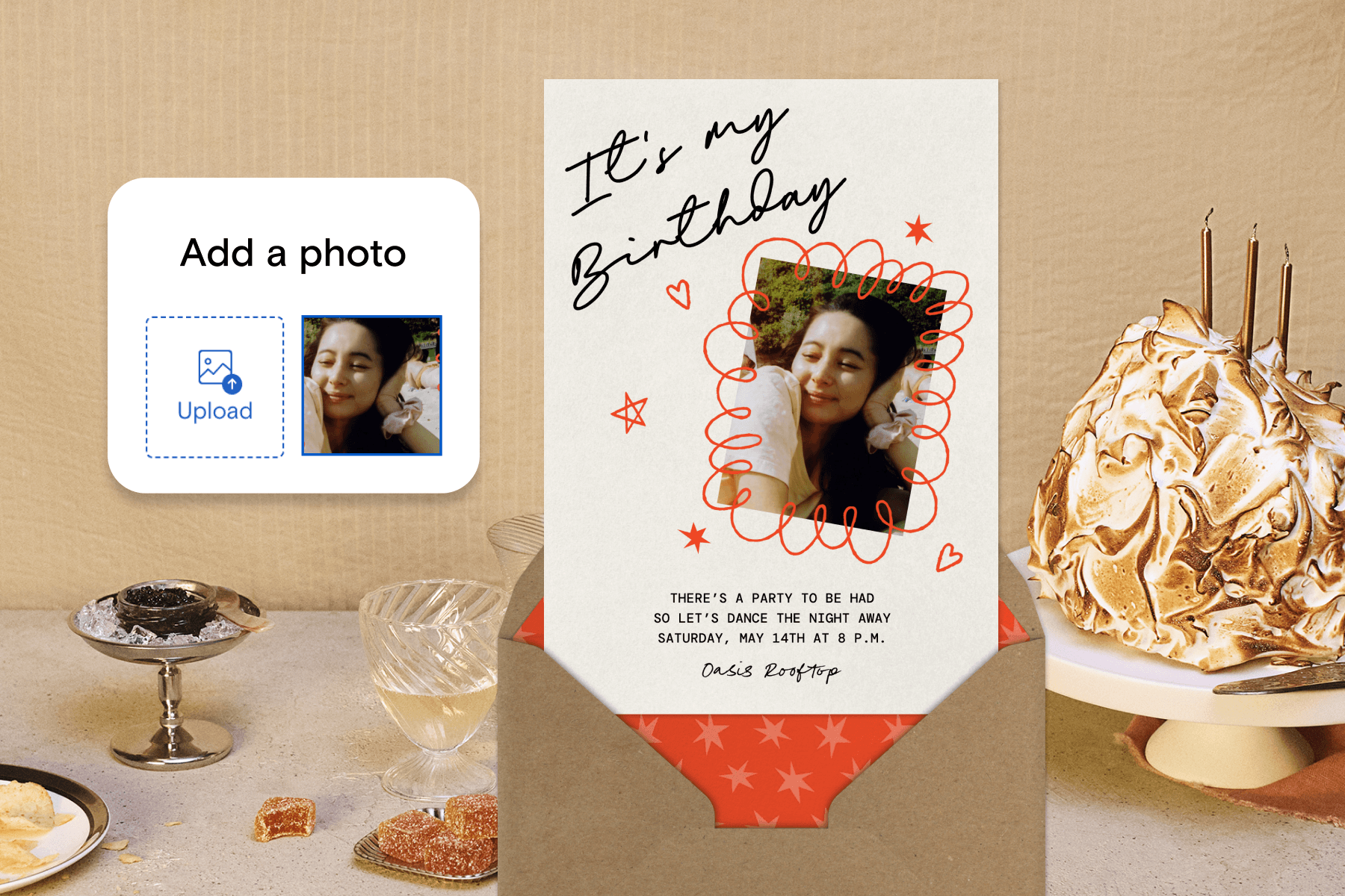 Left: A photo upload UI image with text that reads ‘Add a photo’ and ‘upload’ above and next to a photo of a smiling woman against a beige tablescape backdrop decorated with ice cream dishes, drinks, passed bites, a meringue cake, and golden candles. Right: A birthday invitation with a photo of a woman sits above a brown textured envelope with a red star interior against a beige tablescape backdrop decorated with ice cream dishes, drinks, passed bites, a meringue cake, and golden candles.