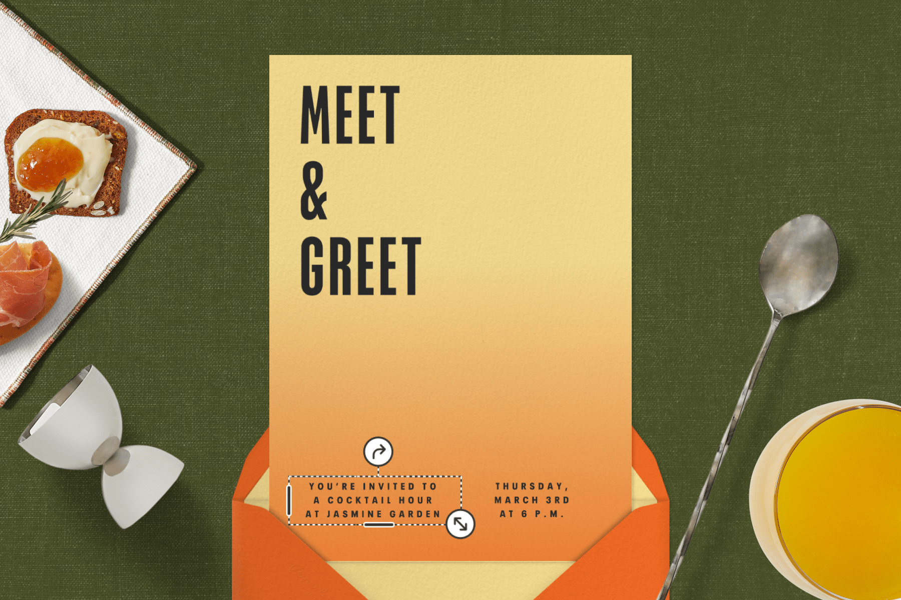 A meet-and-greet invitation that fades from yellow to orange beside select passed hors d'oeuvres and an orange drink.