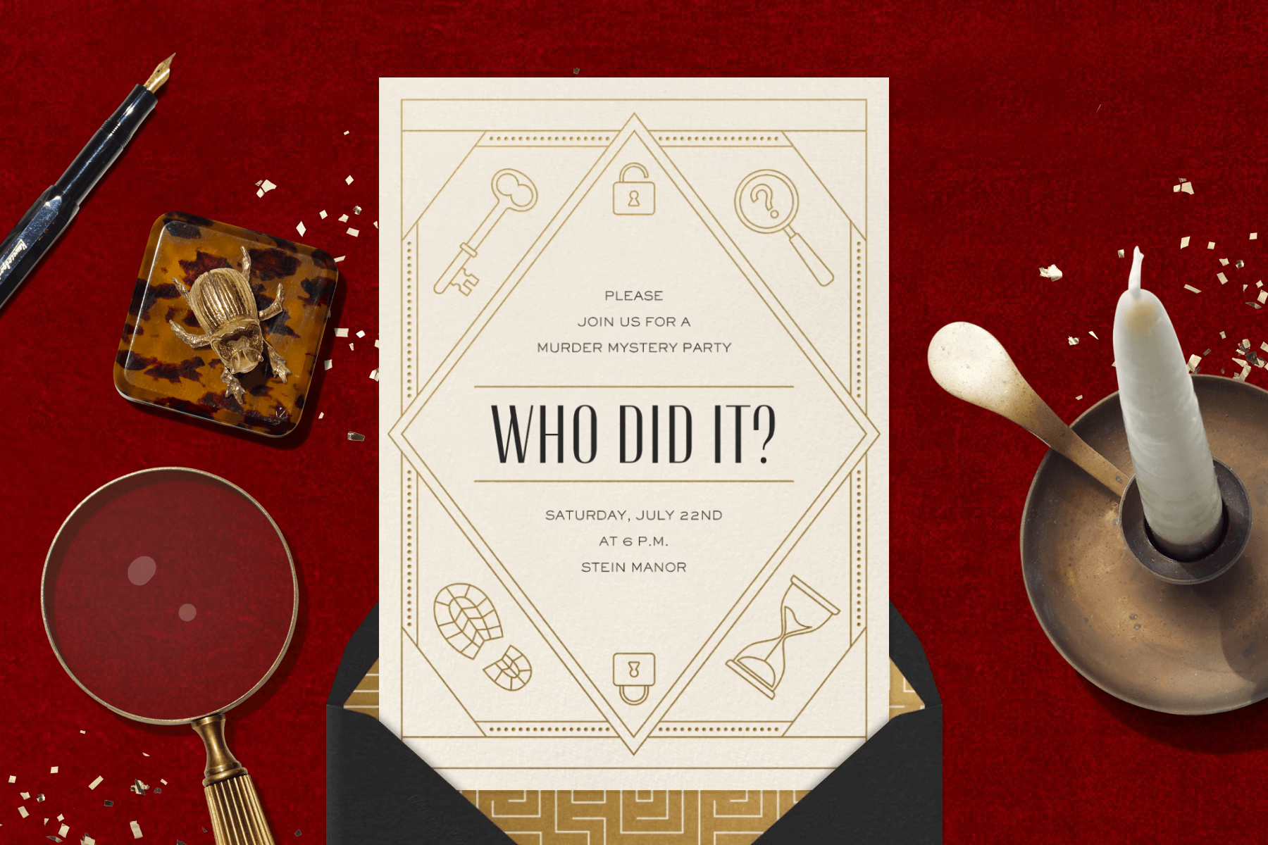 A cream murder mystery party invitation with text that says “Who did it?” and gold graphic details paired with a gray envelope and brown Greek key envelope liner on a deep red background with a candlestick, magnifying glass, and pen.