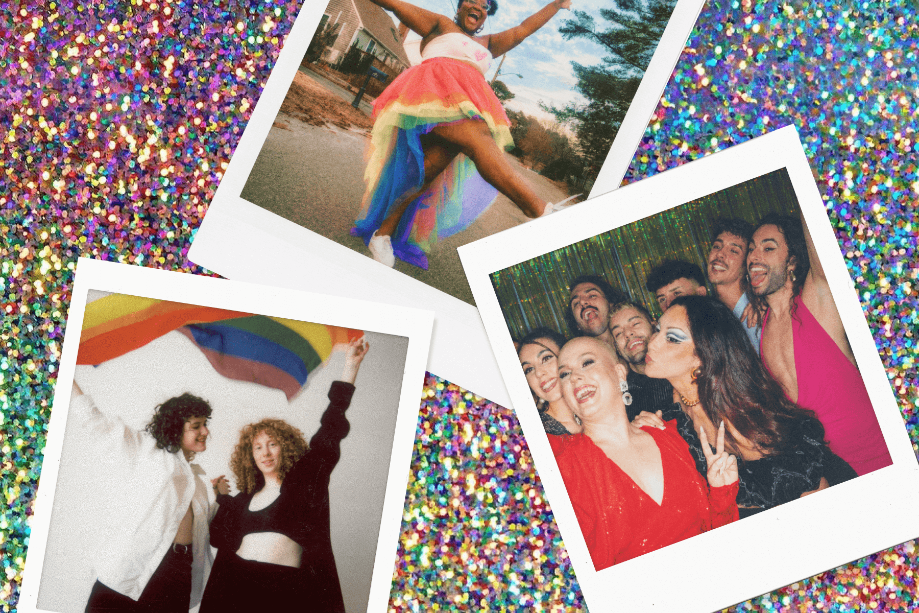 Three polaroids sit on a backdrop of rainbow glitter. The top polaroid shows a person dancing outside with a rainbow skirt. The bottom left polaroid shows two people holding hands and waving a rainbow flag. The bottom right polaroid shows a group of people celebrating in front of a glittery curtain backdrop.