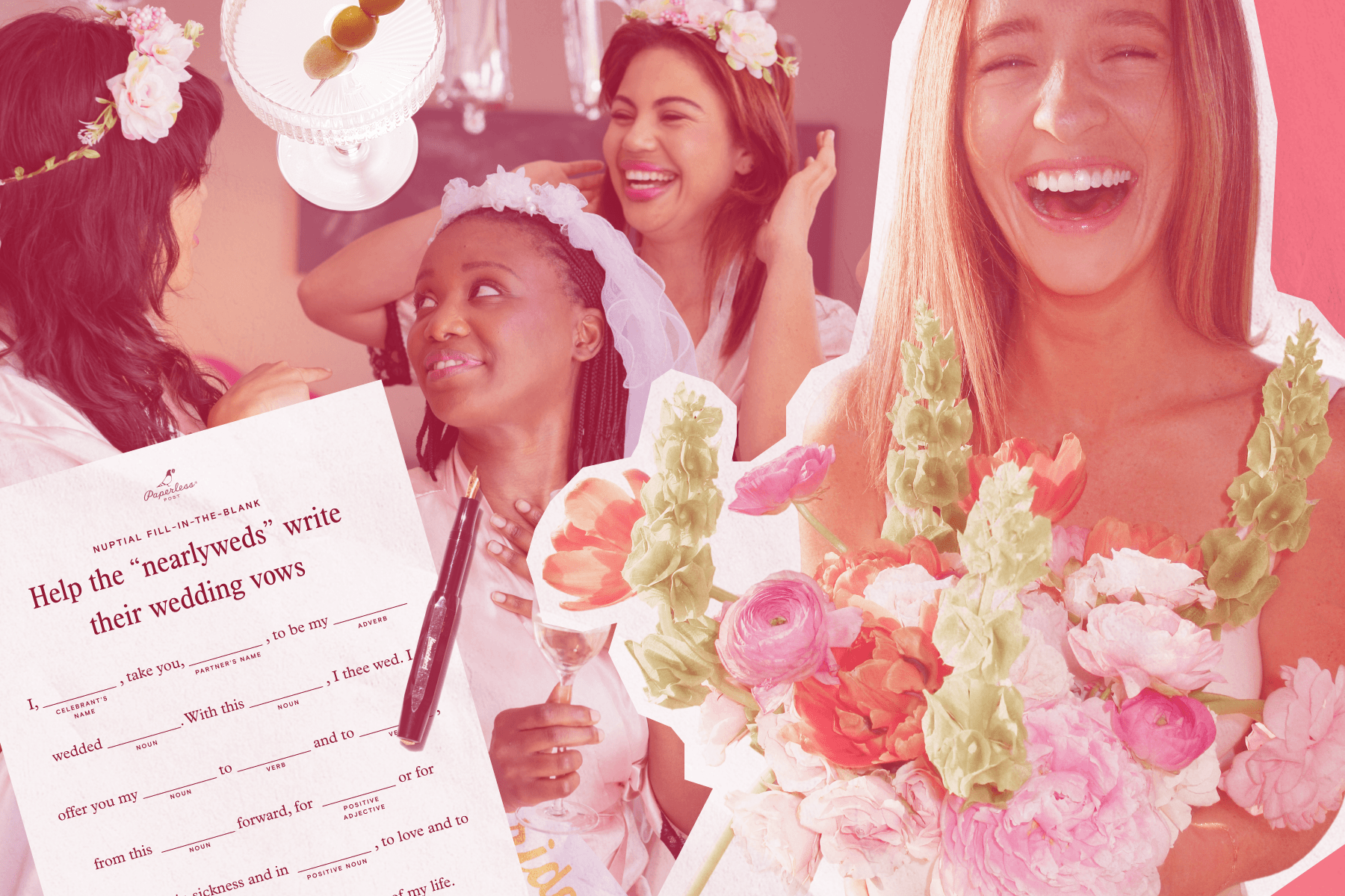 A sheet of paper with the phrase “Help the ‘nearlyweds’ write their wedding vows” to the left of four brides dressed in florals and veils collaged together, and a martini with three olives on a toothpick positions itself at the top.