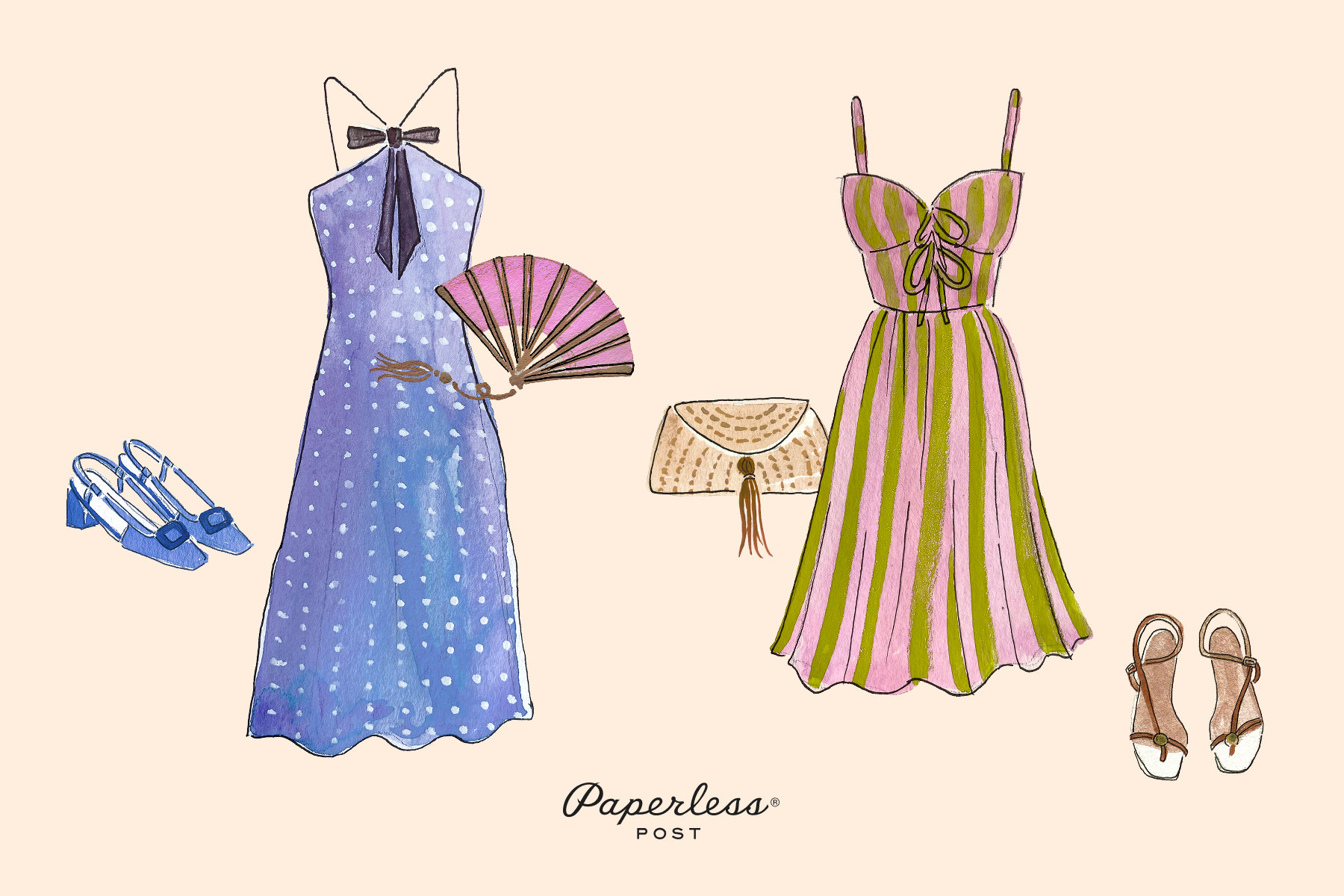 A Paperless Post-branded illustration of two summer wedding guest outfits for her, one being a periwinkle polka dot silk dress paired with a pink handheld paper fan and blue block heel sandals, and the other, an olive and blush earth-toned striped chiffon dress paired with a champagne-colored clutch and strappy heels.