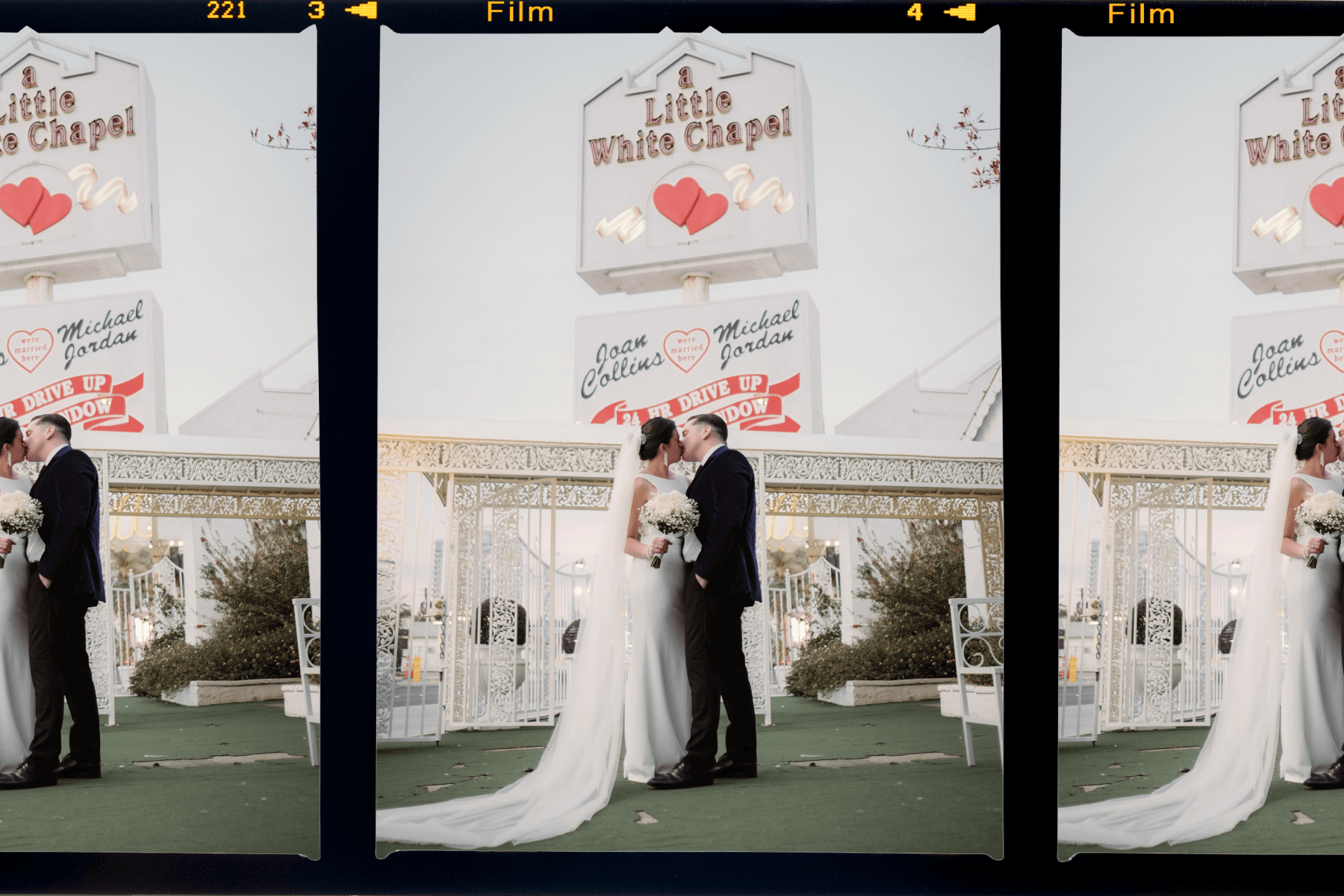 A photo of a bride and groom kissing in front of a Vegas wedding chapel in a film strip format.