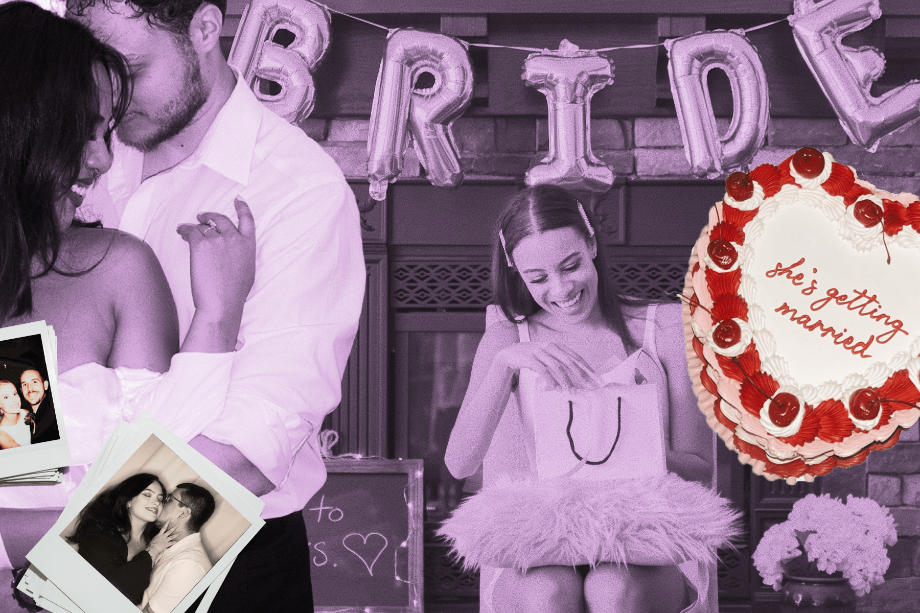 A purple-tinted collage of bridal-themed photos, including couples dancing and kissing, a woman in a white dress opening gifts, balloons that spell out ‘Bride’, and a heart-shaped cake that reads ‘she’s getting married.’