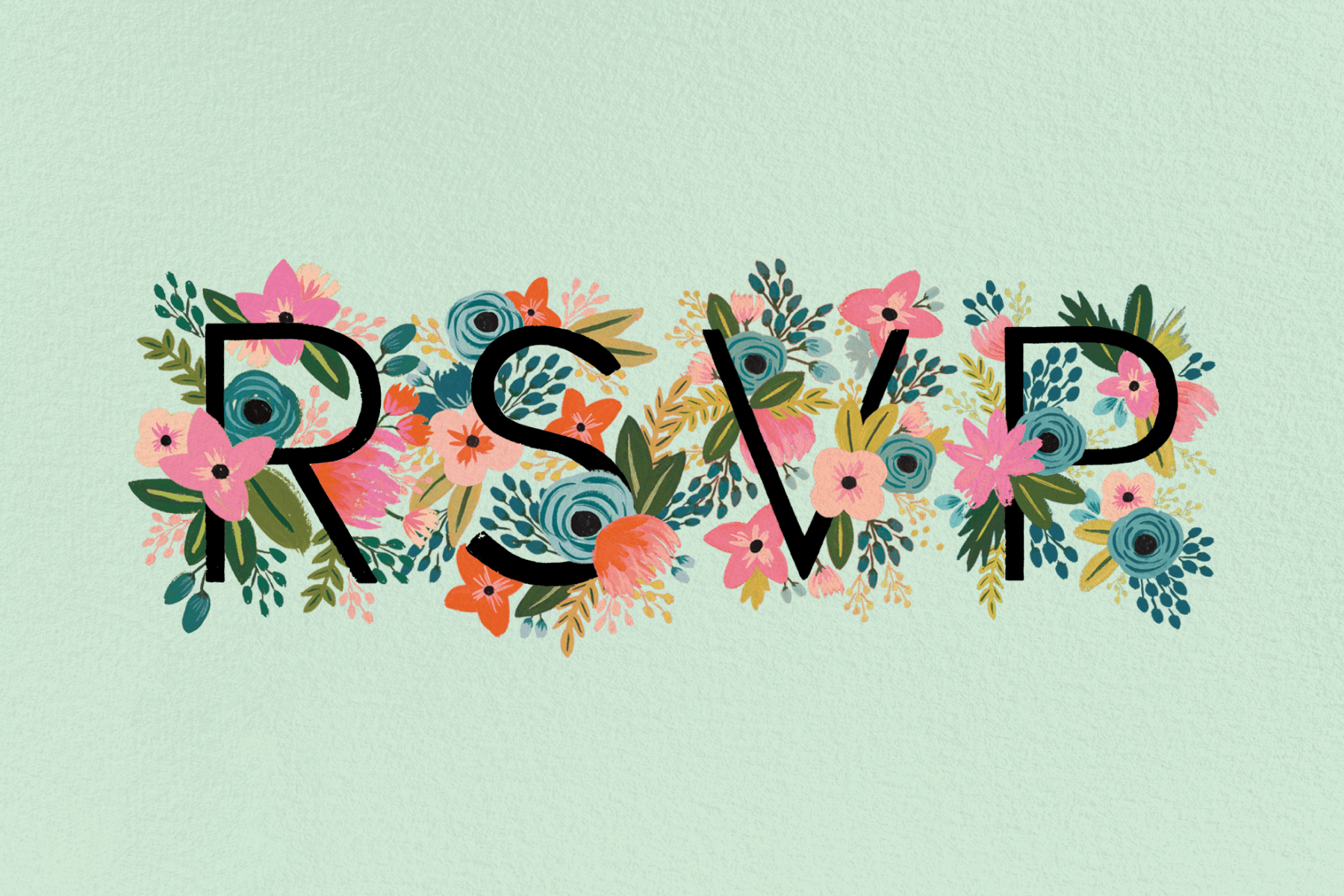 On a seafoam green background, the letters ‘RSVP’ closely surrounded by illustrations of multicolored flowers.
