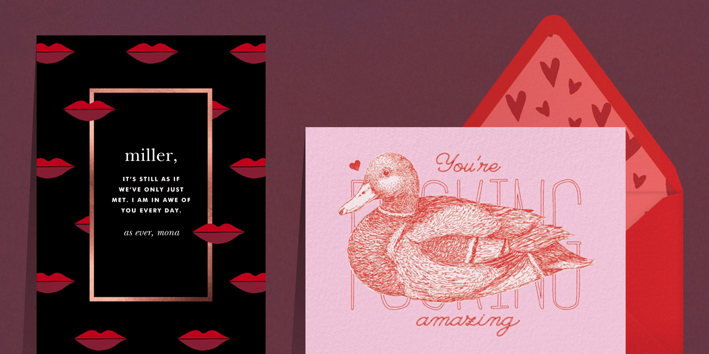 Two side-by-side Valentine’s Day cards. Left - A black card with illustrated red lips printed all over with room for a message in the middle. Right - A pink horizontal card with an illustration of a duck partially covering over a possibly explicit phrase that rhymes with “you’re ducking amazing.” It’s paired with a red envelope with a pink and red hearts liner.