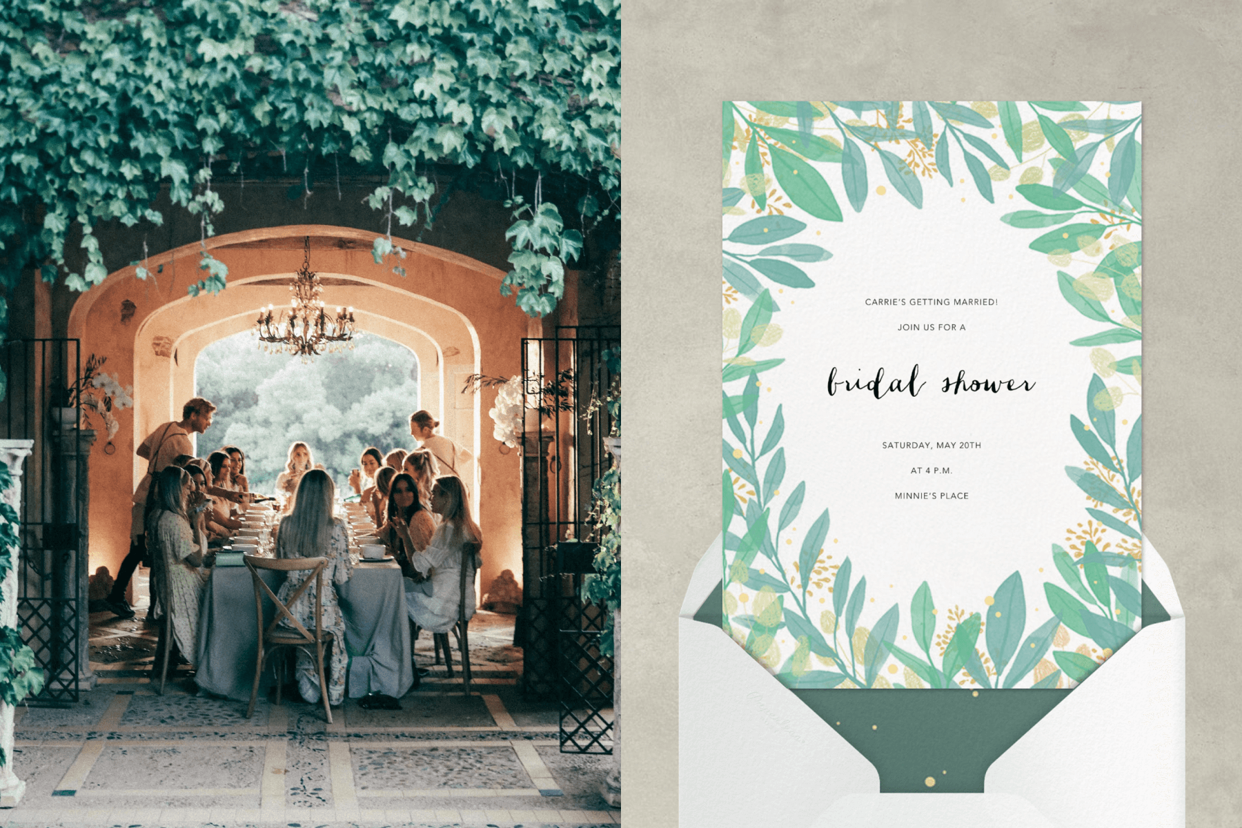 left: Women seated at a long table under a leafy archway are served by two waiters. Right: A bridal shower invitation with a border of painterly green leaves and orange flower buds.