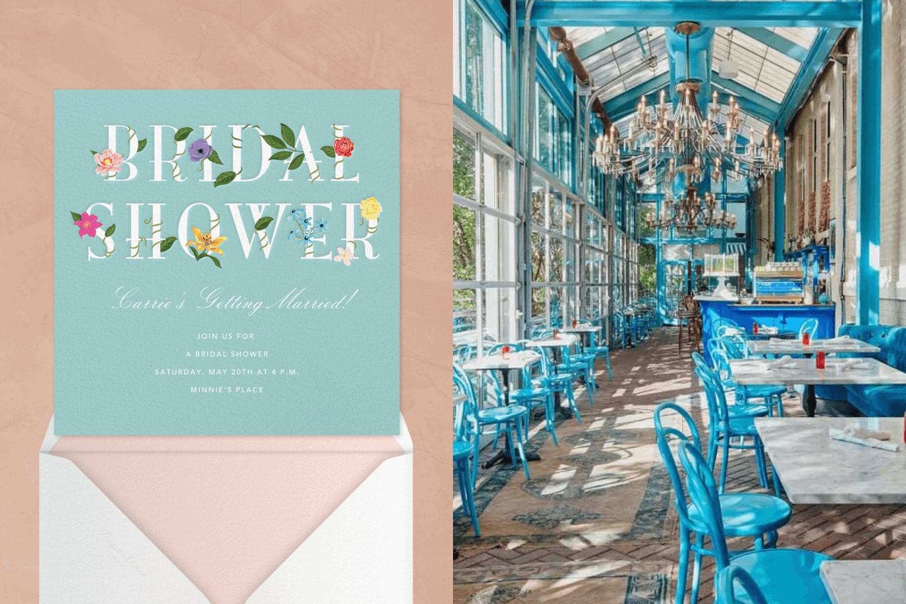 left: An aqua bridal shower invitation with bright flowers wrapped around large white letters spelling “BRIDAL SHOWER.” Right: Rows of blue café chairs and white square tables in a windowed room with a large chandelier and blue beams.
