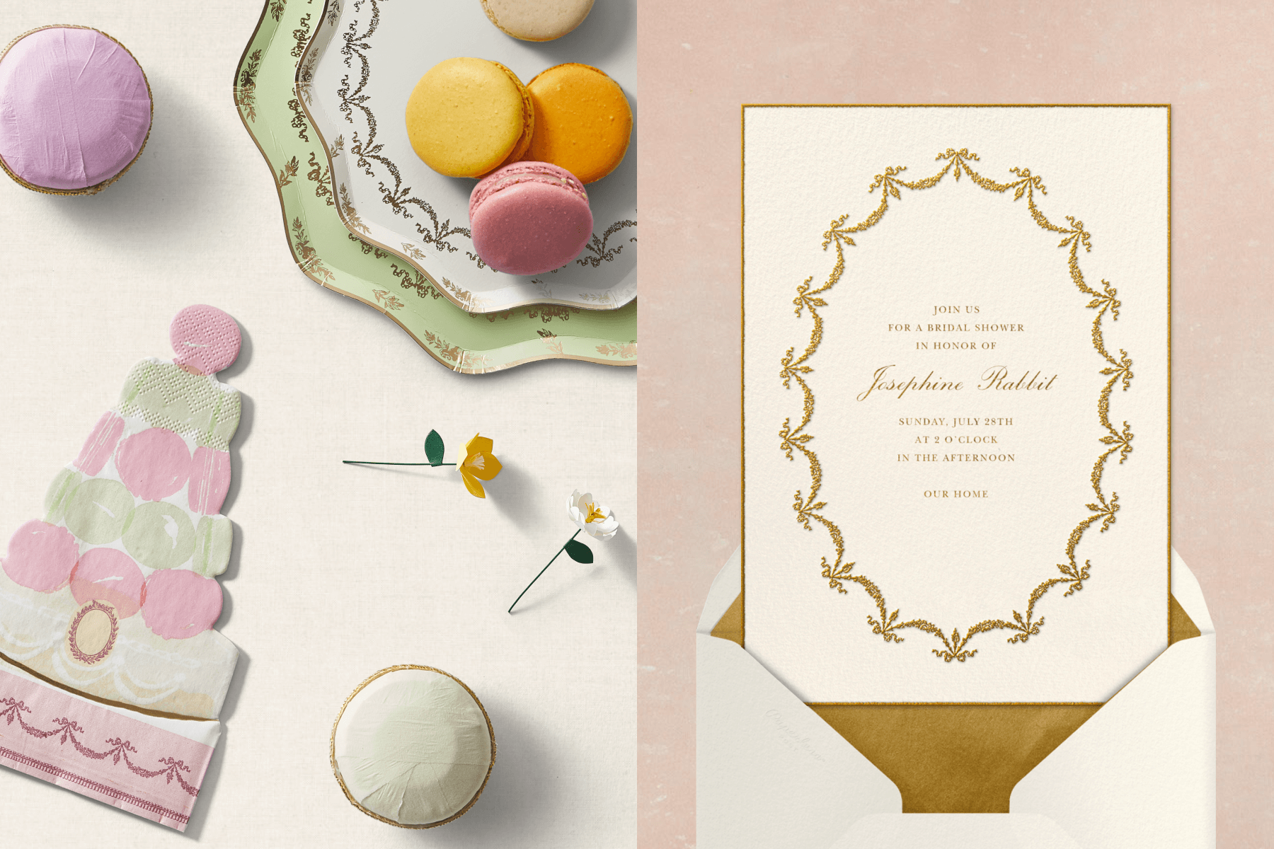 left: Macaron-themed party supplies including napkins, plates, and surprise ball favors. Right: A bridal shower invitation with a gold filigree swag oval around the event details.