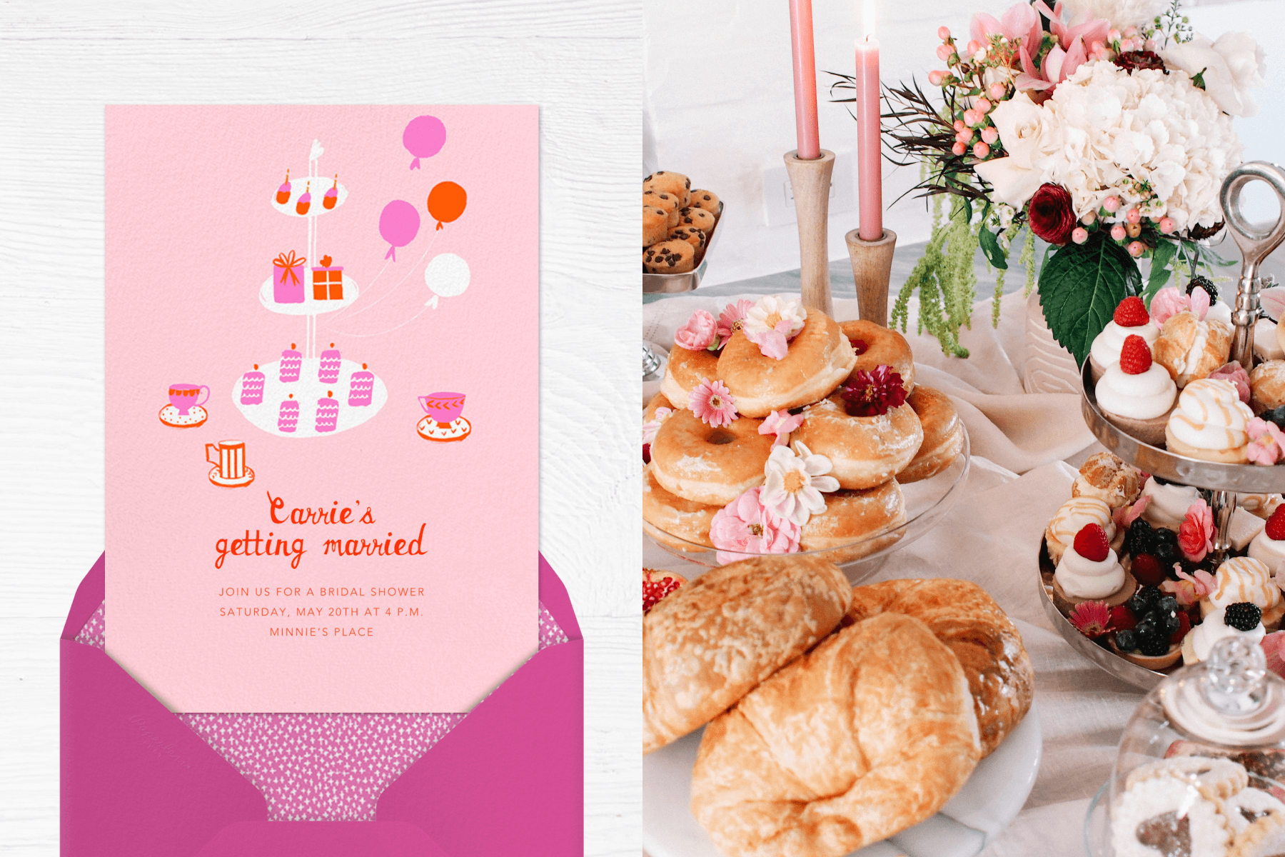 Left: A pink bridal shower invitation with simplified illustrations of a multi-tier cake stand, party balloons, and patterned tea cups and saucers. Right: A tabletop piled with tea party-type pastries, such as croissants, doughnuts, and mini cupcakes, and pink taper candles and a flower arrangement.