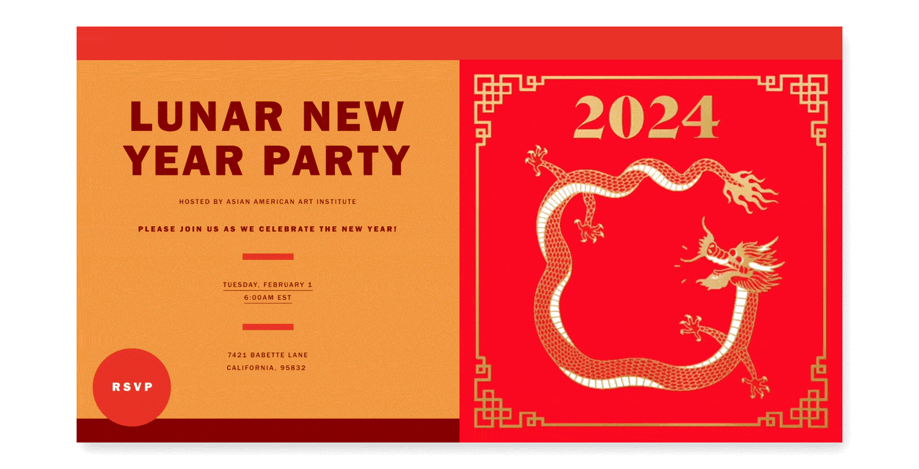 An animated flyer invitation featuring a golden dragon on a red background.