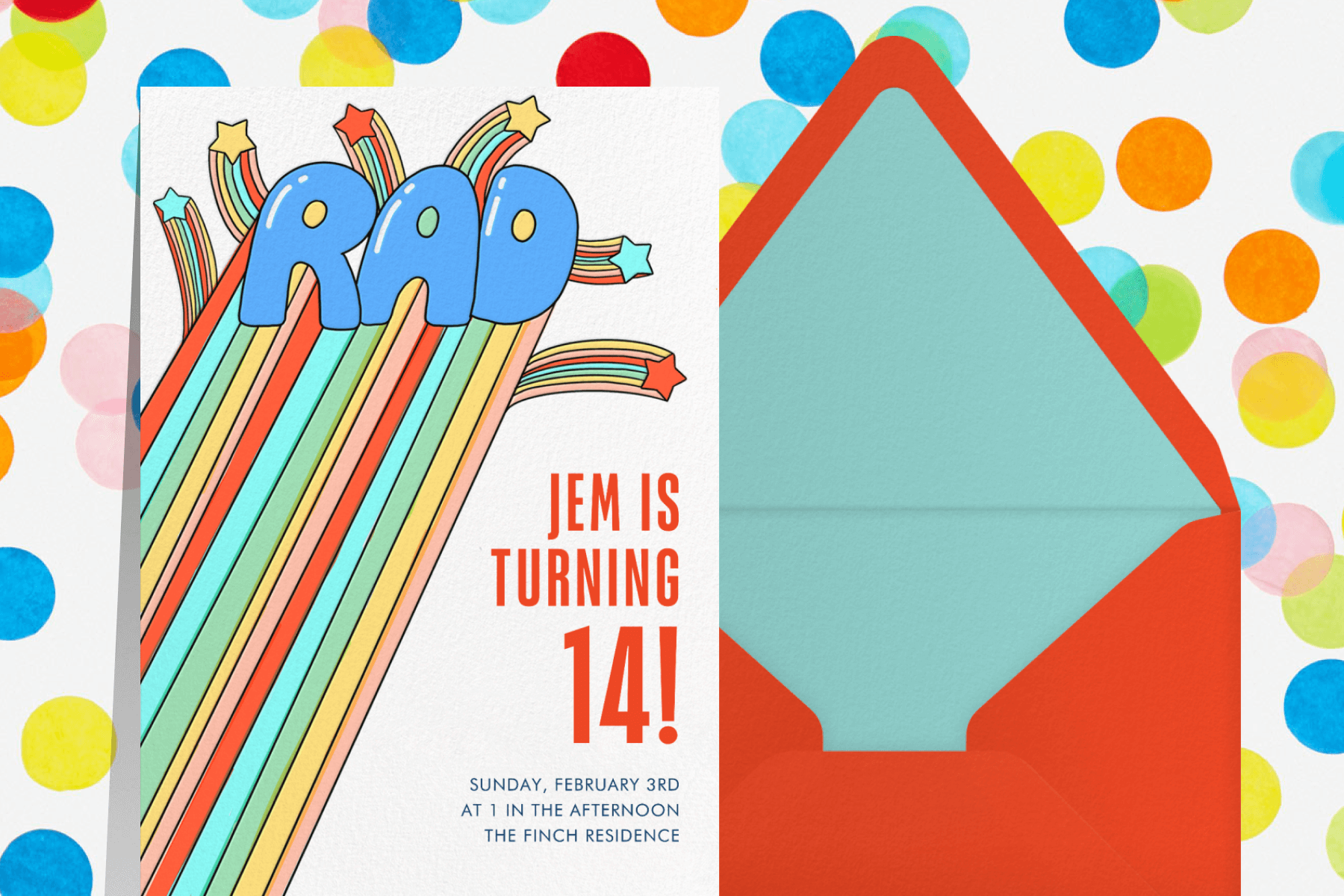 A birthday invitation with the word “Rad” in blue bubble letters with a trail of rainbows sits next to a red envelope on a backdrop of colorful polka dots.