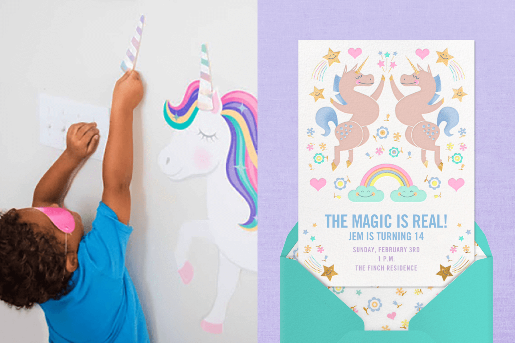 Left: A blindfolded child plays Pin the Horn on the Unicorn. Right: A child’s birthday party invitation shows two brown unicorns high-fiving among smiling stars, a rainbow, hearts, and flowers.