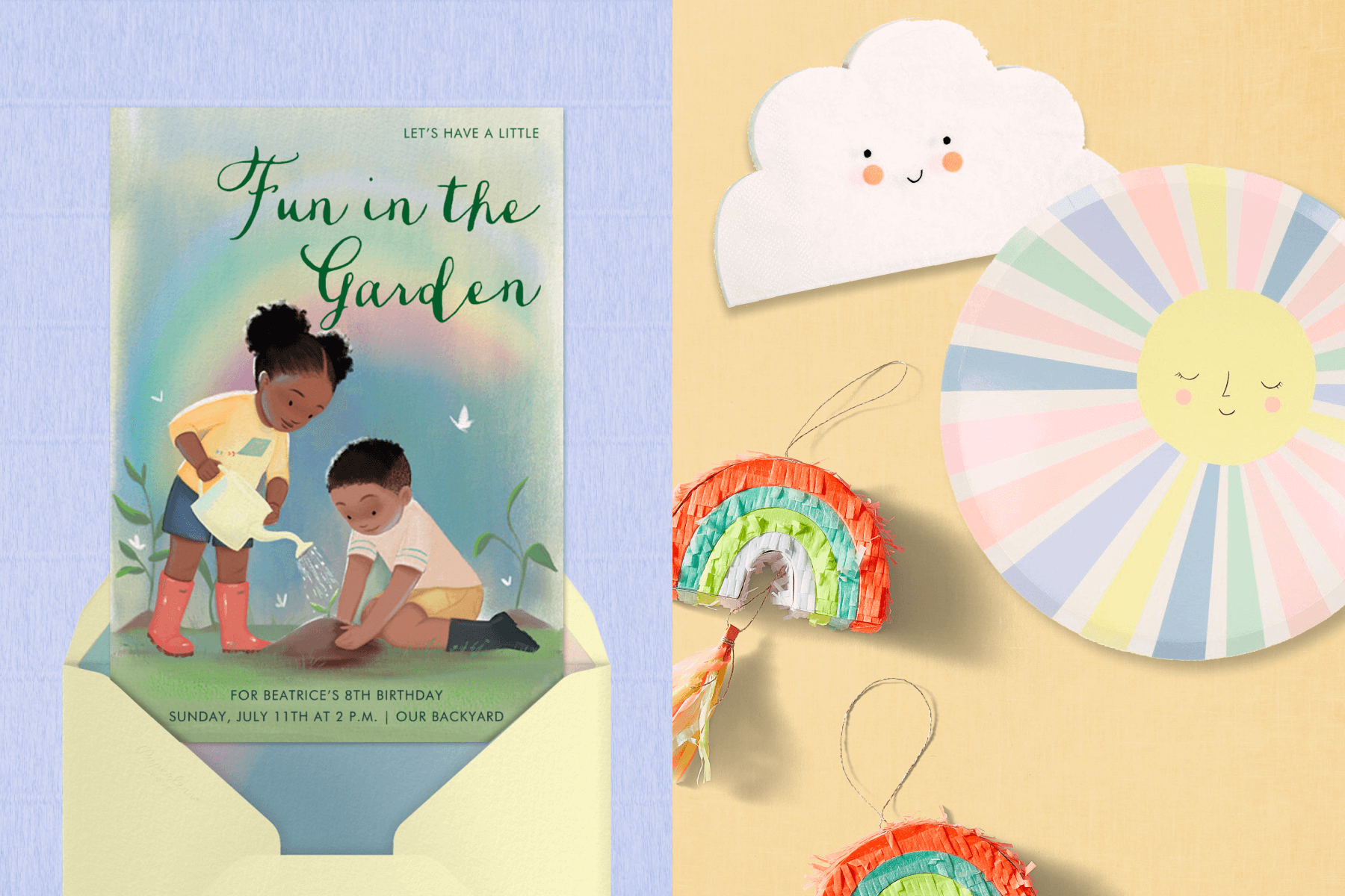 Left: A child’s birthday party invitation shows an illustration of two young children watering a newly planted seedling with the words “Fun in the garden.” Right: A smiling cloud-shaped napkin, a paper plate with a rainbow sunshine, and two small rainbow piñata ornaments. 