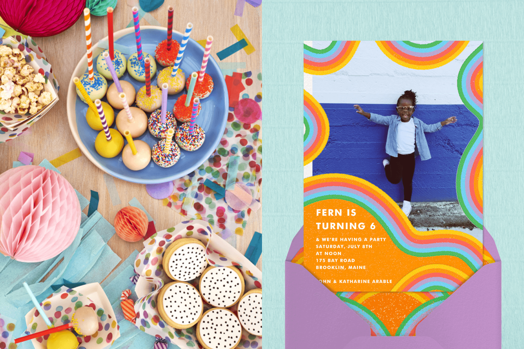 Left: A child’s birthday party invitation with a photo of a small child against a blue and white wall, surrounded by a border of predominantly orange rainbows. Right: A table spread with colorful cake pops, cookies, popcorn, and honeycomb decorations. 