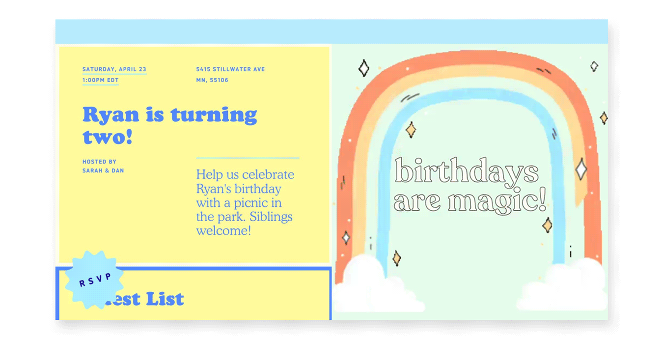 An online birthday party invite with an animation of a rainbow and the words “birthdays are magic!”
