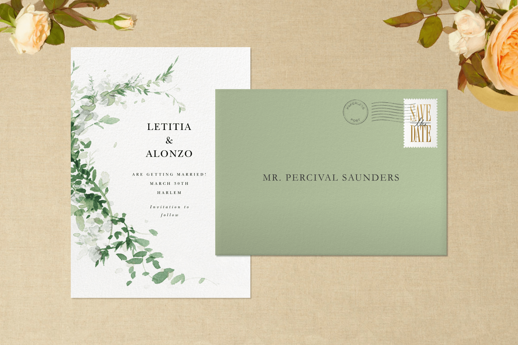 A white vertically oriented save the date card has watercolor greenery painted in a half-circle border on the left side. There is a green addressed envelope and two small rose arrangements in the upper corners of the image.