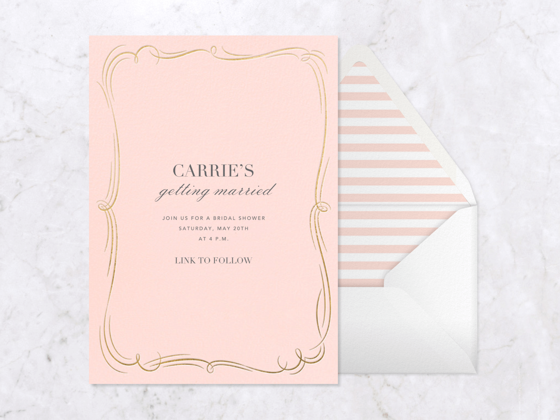 A virtual bridal shower invitation with a pink background and a curly gold border, paired with a white envelope with a pink striped liner.