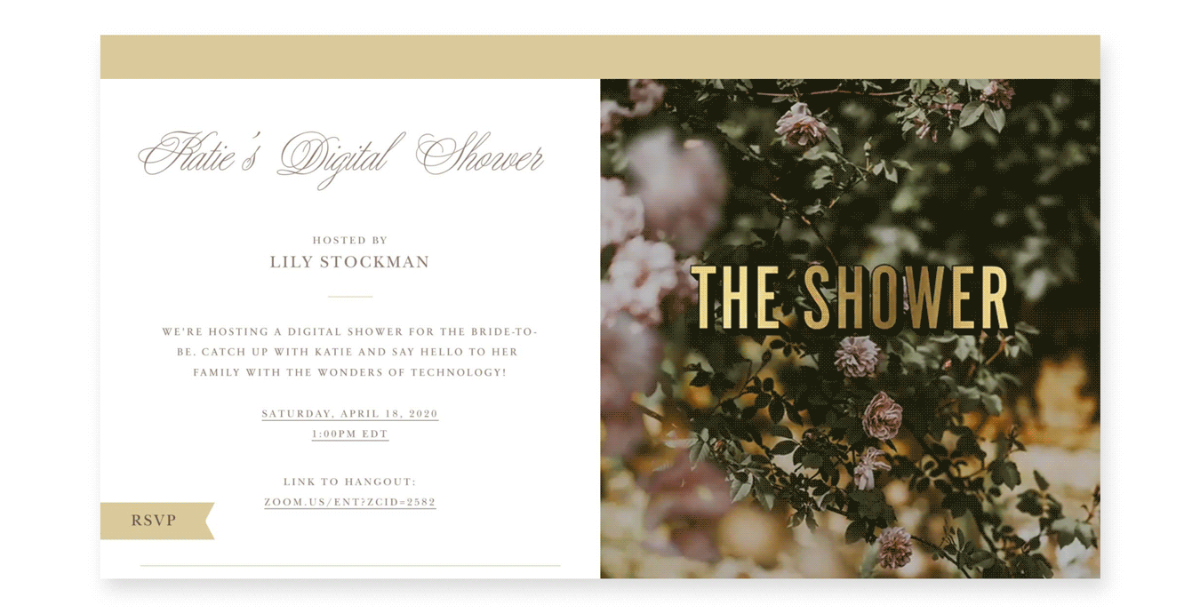 An animated bridal shower invitation featuring a floral background and animated gold text.