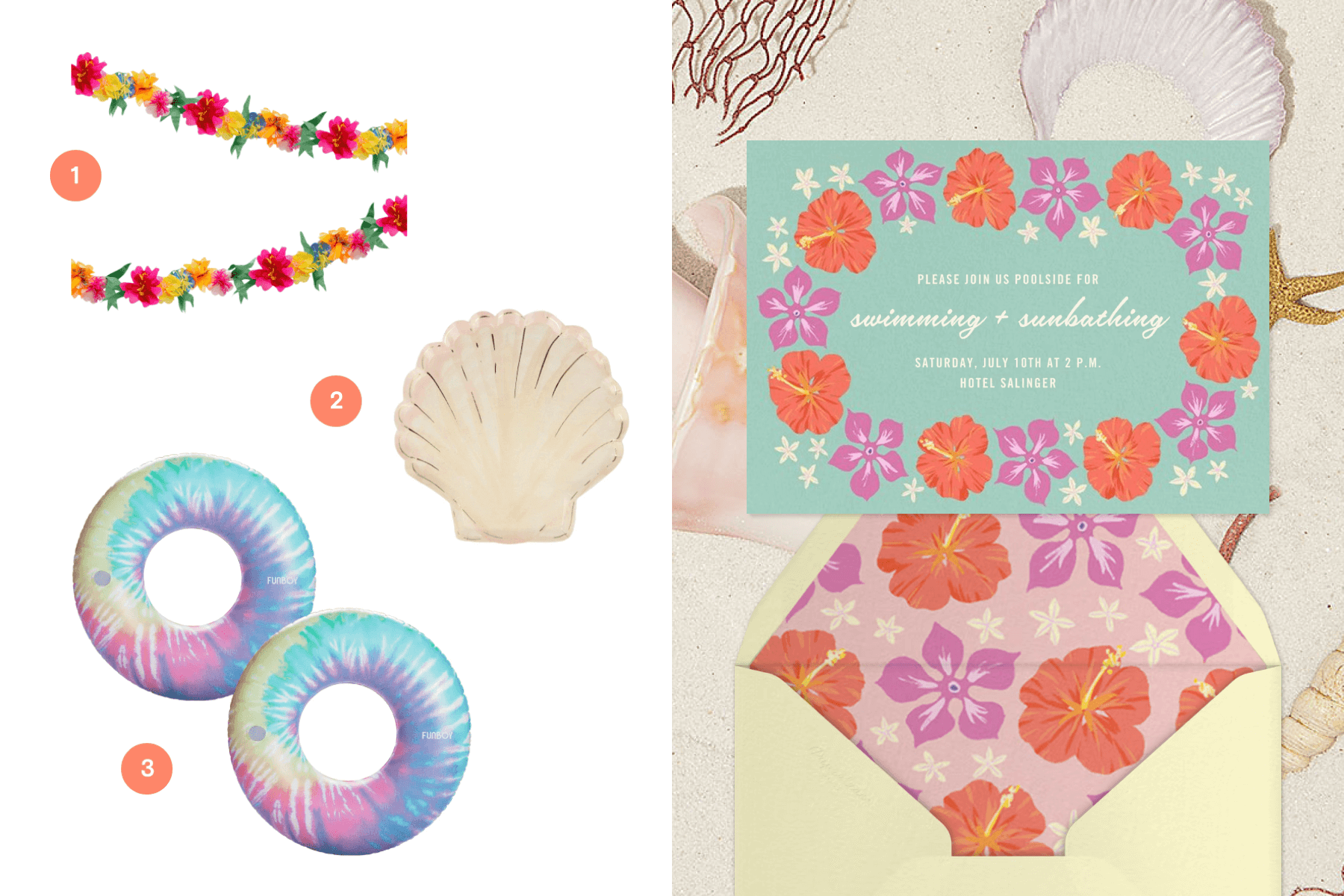 A collage of party supplies featuring hot pink and yellow floral garlands, shell-shaped plates, and colorful tie-dye round pool floaties; A luau-themed party invitation featuring a light blue background and a bright pink and orange flower border and envelope liner.