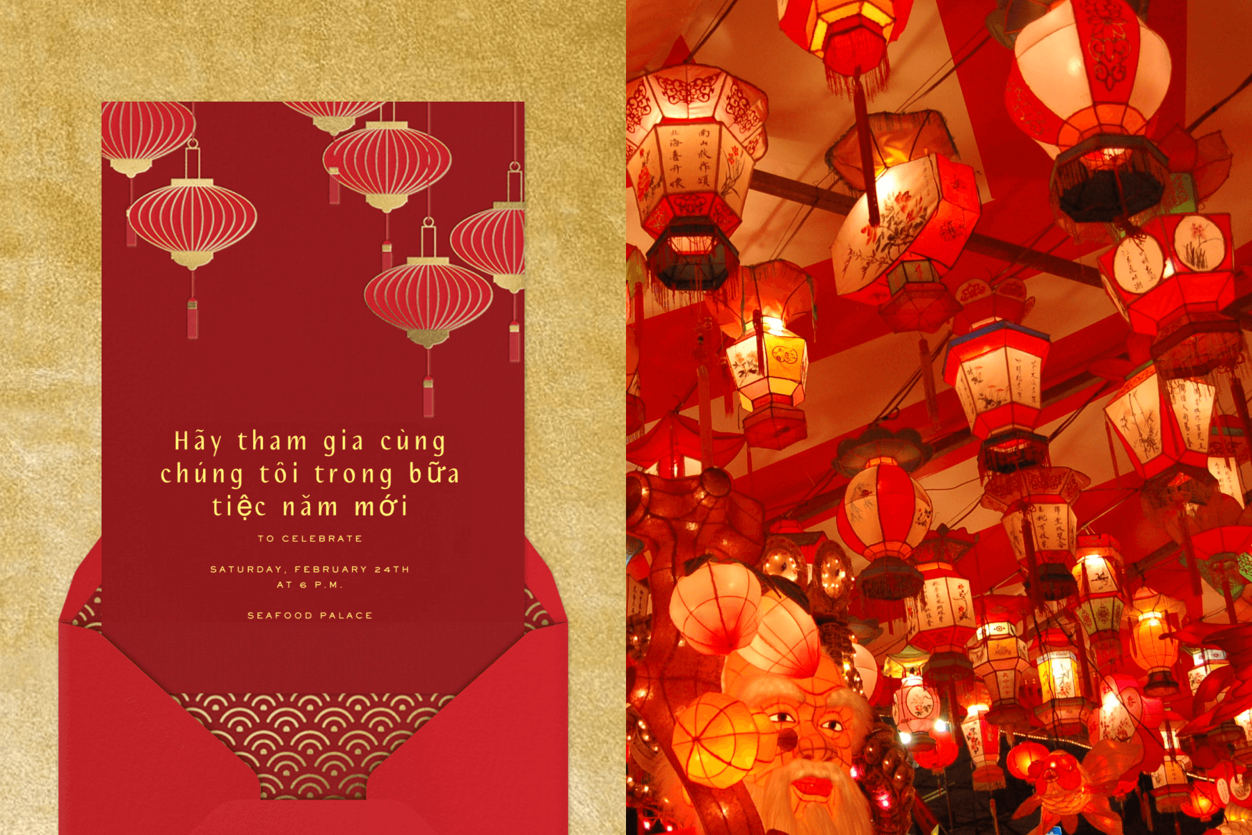 A red invitation with hanging lanterns; red paper lanterns hanging from the ceiling.