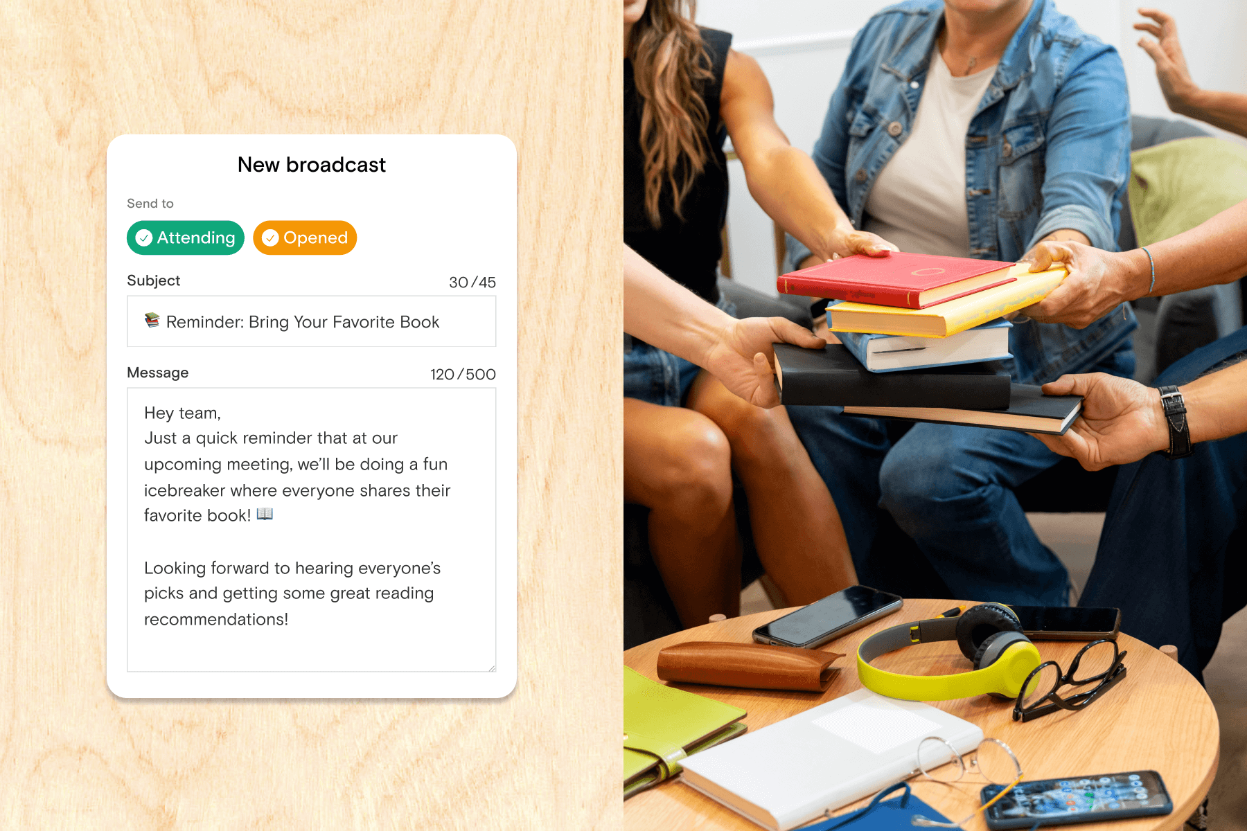 A screenshot of a message reminding event guests to bring their favorite book on a wood background; People gathered around a table holding and exchanging books.