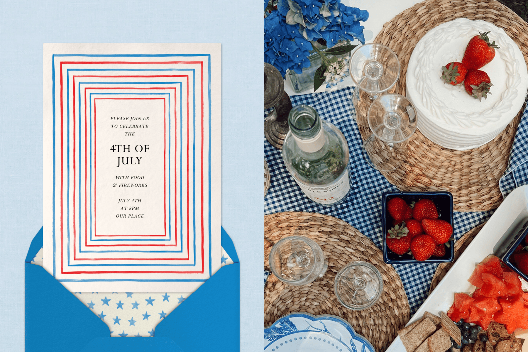 Left: A white 4th of July party invitation with red-and-blue fractal rectangles encompassing the invitation text sits atop a blue envelope with a white-and-blue star interior against a powder-blue backdrop. Right: A birdseye image of a picnic featuring white wine, strawberries, a vanilla cake, star-shaped watermelon, wine glasses, blue florals, and more charcuterie against a blue plaid-gingham picnic blanket.
