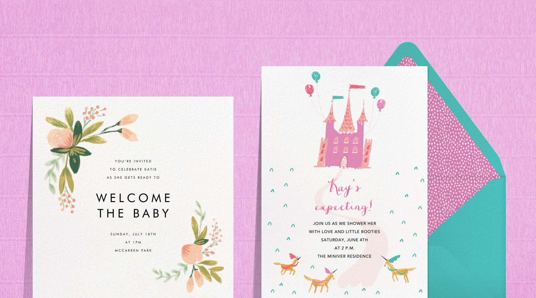A square baby shower invitation with illustrated flowers in two corners; a baby shower invitation with a pink castle and dressed horses with a turquoise envelope