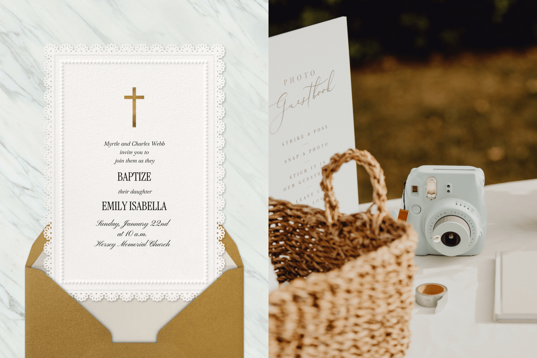 A white baptism invitation featuring black text, a gold cross at the top, and a lace border paired with a gold envelope and cream envelope liner, all on a white and gray marble background; A table featuring a photo guestbook setup with an instant camera, tape, a book, and a woven basket.