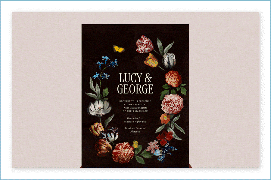 A black wedding invitation with a floral border sits over a light pink background and scrolls down to reveal a tan event page with gold text, an RSVP section, and other event details, including travel info.