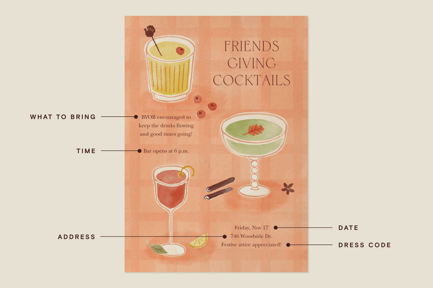 A salmon-colored Friendsgiving invitation with three colorful cocktails in different glassware, with an infographic pointing out various elements of the invitation.