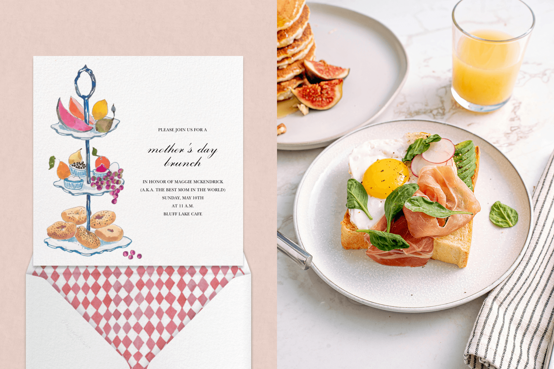Left: A mother's day brunch invitation featuring a three-tiered tray of fruits and bagels over a cream backdrop. Right: A table set with a plate of eggs and prosciutto on toast and a glass of orange juice.