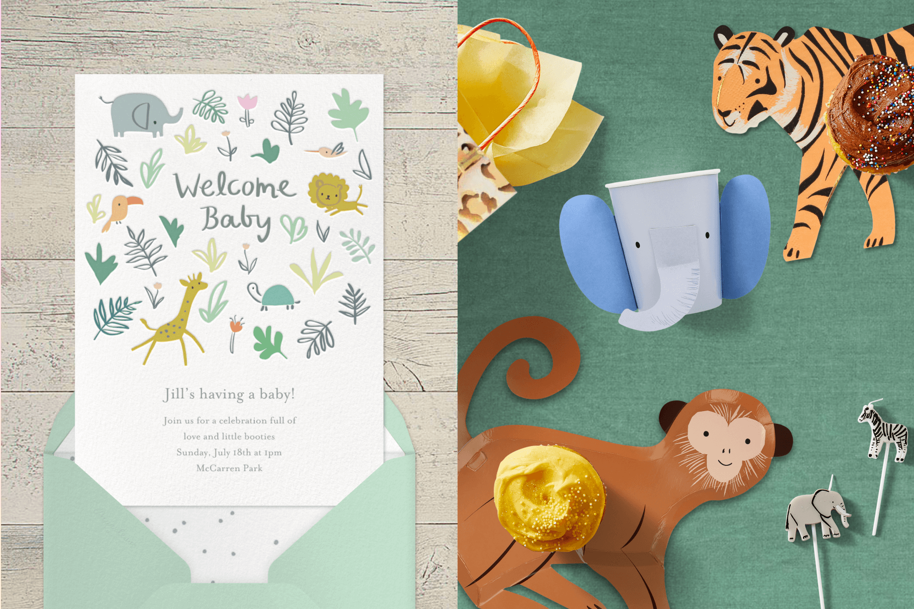 Left: A safari-themed baby shower card; Right: Safari theme supplies like a monkey plate, animal candles, and an elephant cup.