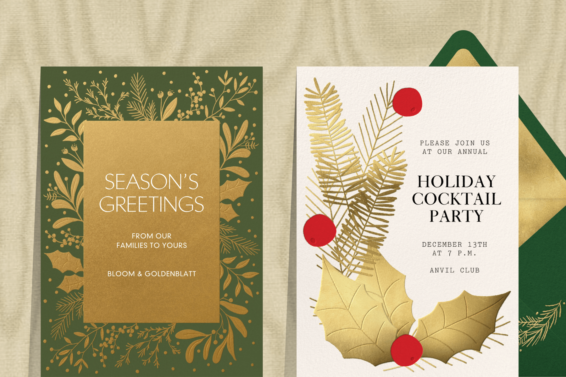 A beige textured fabric background featuring two holiday Cards: A gold and green holiday cocktail party invitation with gold leaves; A white holiday cocktail party invitation with gold leaves and red berries.