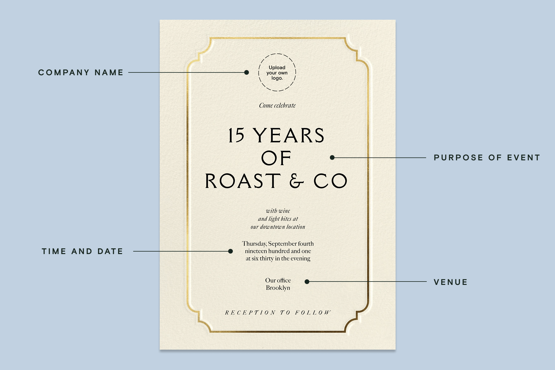 A white corporate event invitation with the words ‘15 years of Roast & Co’ sits on a powder blue backdrop. Black text with the words ‘Company Name’, ‘Purpose of Event’, ‘Time and Date’, and ‘Venue’ points to corresponding sections of the invitation.