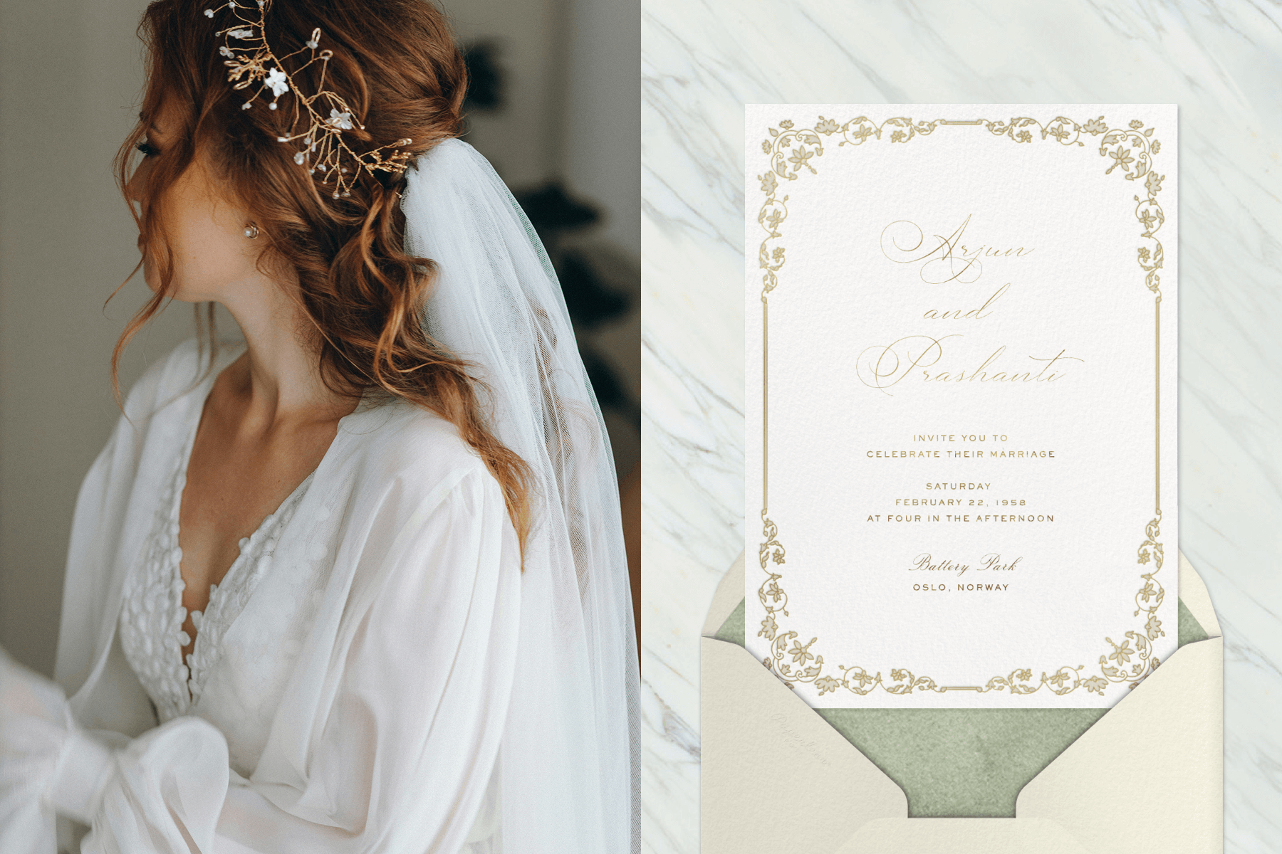 A bride in a white dress and veil with a gold and silver crown in her hair; A wedding invitation with a white background, tan script, and a tan floral border paired with a cream envelope, light green textured envelope liner, and a cream and gray marbled background. 