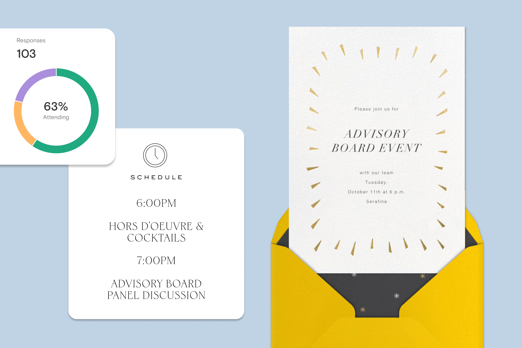 A white invitation sits on a light blue background, featuring text that reads “Advisory Board Event,” gold border details and a yellow envelope with a black and gold star envelope liner, plus a schedule block that details hors d’oeuvres and panel discussion times and a graph charting RSVPs.